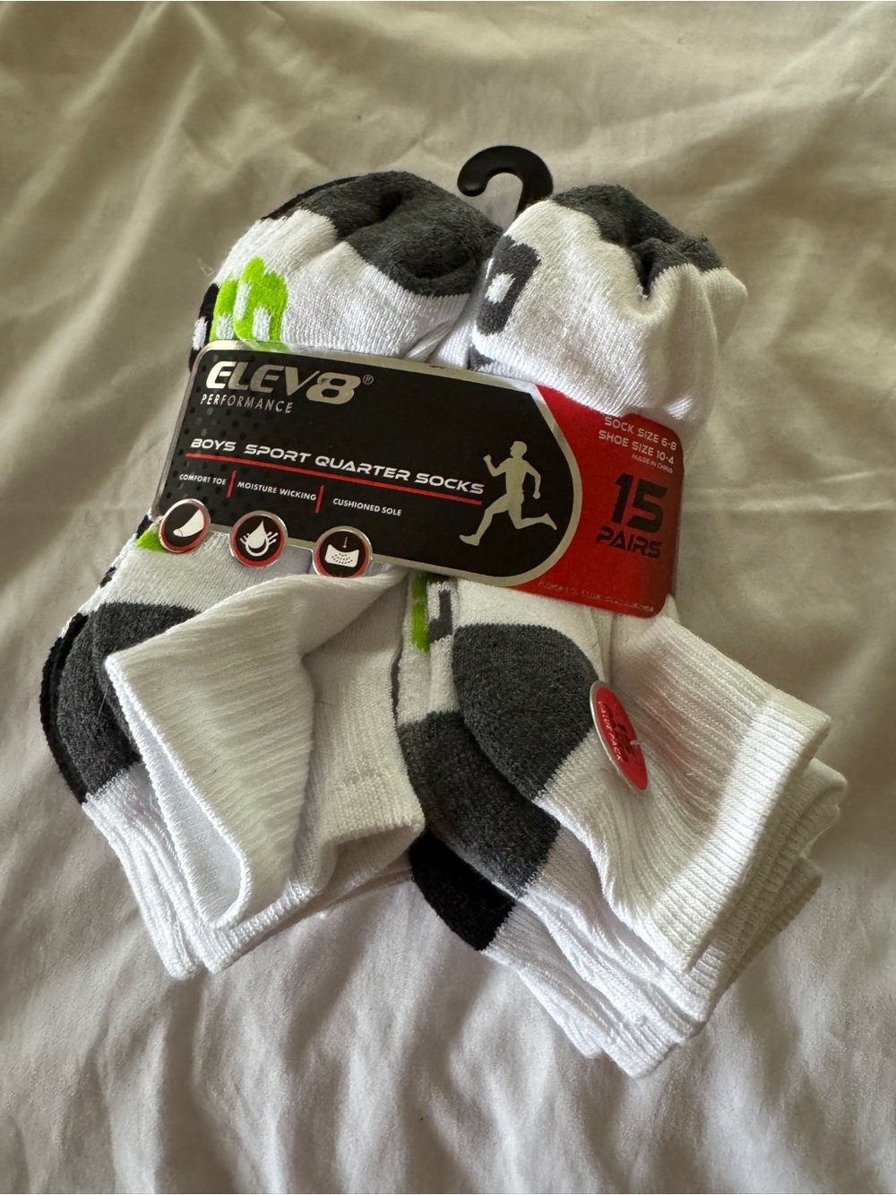 Elev8 Boys' Quarter Socks - White, Gray & Green (15 Pairs)